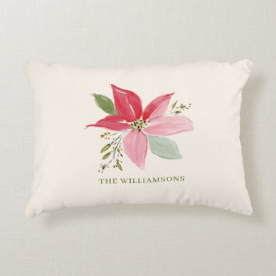 Modern Poinsettia Floral Family Name Christmas Decorative Cushion