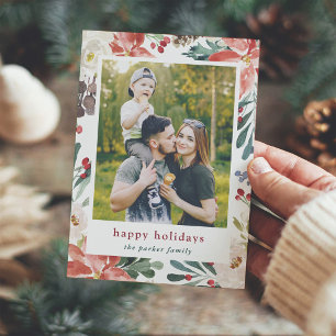 Modern Poinsettia Floral Frame Photo and Wording Holiday Card