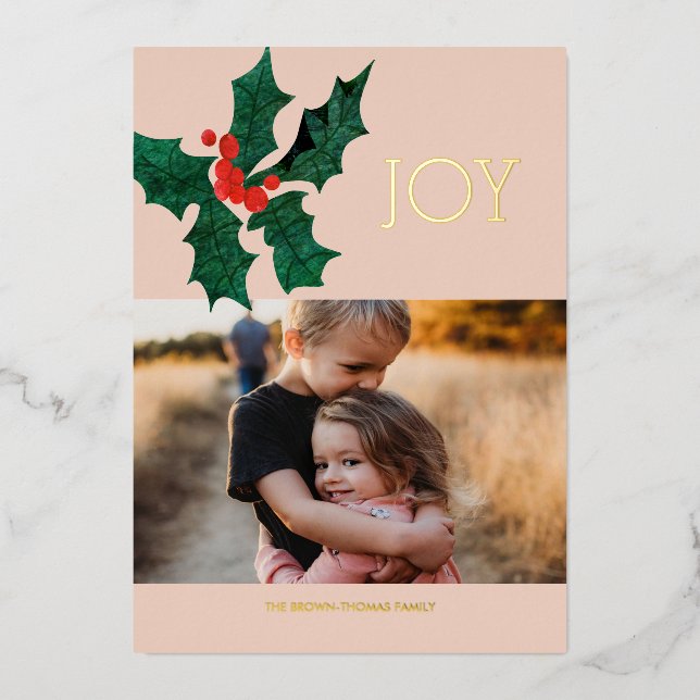 Modern Poinsettia Foil Christmas Photo Card (Front)