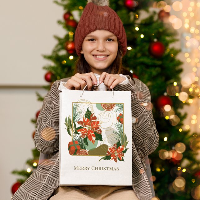 Modern Poinsettia & Greenery | Christmas Medium Gift Bag (Creator Uploaded)