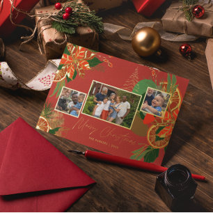 Modern Poinsettia & Greenery   Christmas Photo   Foil Holiday Card