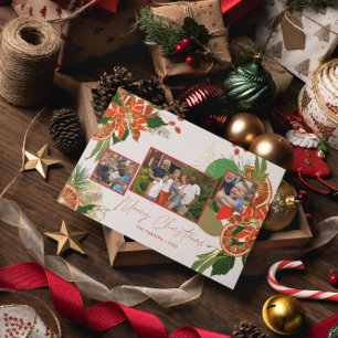 Modern Poinsettia & Greenery Christmas Photo Holiday Card