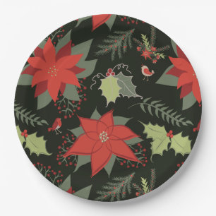 Modern Poinsettia Holly Christmas Paper Plate