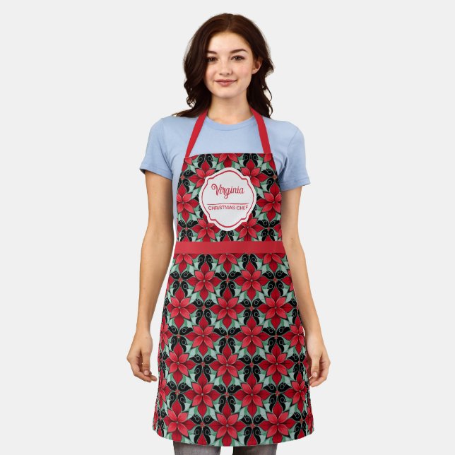 Modern Poinsettia pattern christmas chef black bg Apron (Worn)