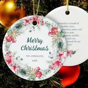 Modern Poinsettia Red Green Wreath Christmas Poem Ceramic Tree Decoration