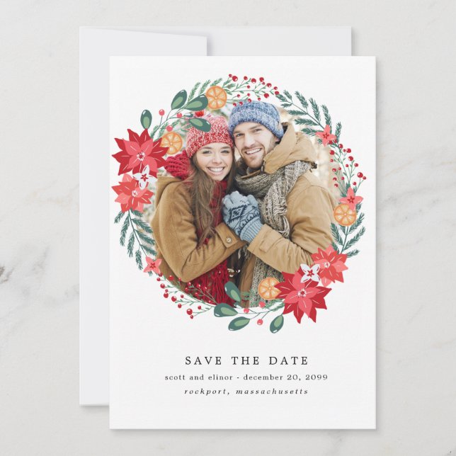 Modern Poinsettia Wreath Wedding Save the Date (Front)