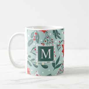 Modern Poinsettias and Berries Floral Monogram Coffee Mug