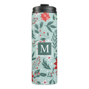 Modern Poinsettias and Berries Floral Monogram  Thermal Tumbler