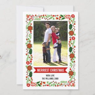 Modern poinsettias red and green Christmas photo Holiday Card