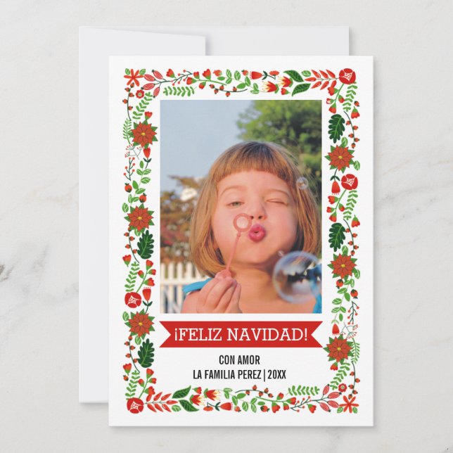 Modern poinsettias red, green FELIZ NAVIDAD photo Holiday Card (Front)
