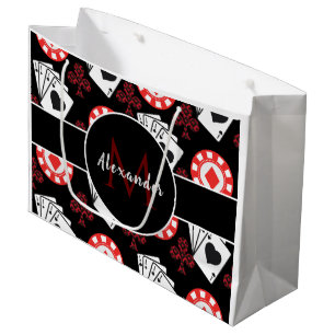 Modern Poker Theme Pattern Player Monogram & Name Large Gift Bag