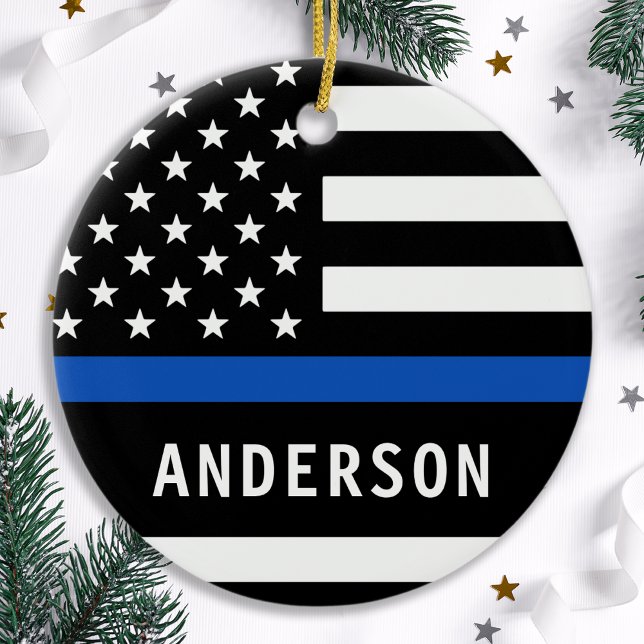 Modern Police Officer Personalised Thin Blue Line Ceramic Tree Decoration (Creator Uploaded)