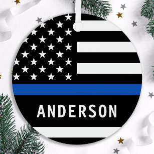 Modern Police Officer Personalised Thin Blue Line Metal Tree Decoration