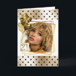 Modern polka dot black gold 21st balloons card<br><div class="desc">Celebrate your 21st birthday with this modern and chic design featuring small black polka dots on faux gold that line the top and bottom edge of the card and form a frame around a faux gold geometric photo inlay. The numbers twenty one appear in a faux gold and pretty heart...</div>