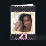 Modern polka dot navy blue gold frame pink 21st card<br><div class="desc">Celebrate your 21st birthday with this modern and chic design featuring faux gold polka dots on navy blue that line the top and bottom edge of the card and frame a square faux gold geometric photo frame. The numbers twenty one appear in a faux pink foil at the bottom giving...</div>