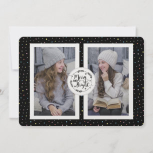 Modern, Polka Dot Two Photo Christmas Card Black
