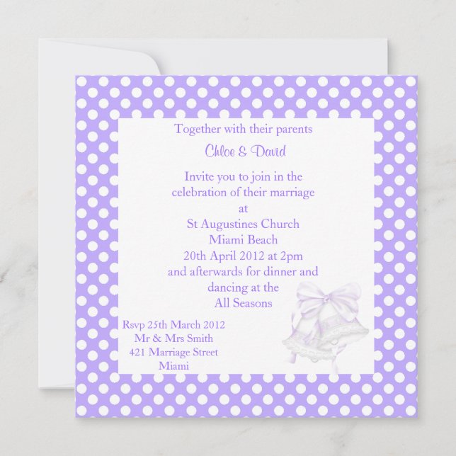 MODERN POLKA DOT WEDDING INVITATIONS PURPLE BELL (Front)