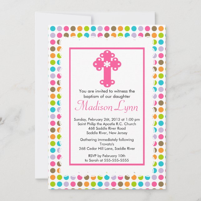 Modern Polka Dots Baby Girl Baptism Christening Invitation (Front)