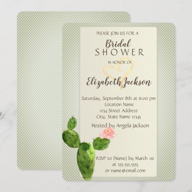 Modern Polka Dots Cactus Heart  Bridal Shower Invitation (Front/Back)