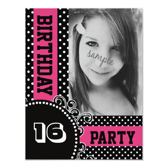Modern Polka Dots Pink Girl Party with Photo Card