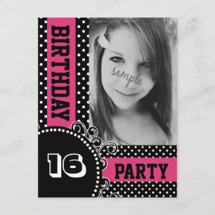 Modern Polka Dots Pink Girl Party with Photo Invitation