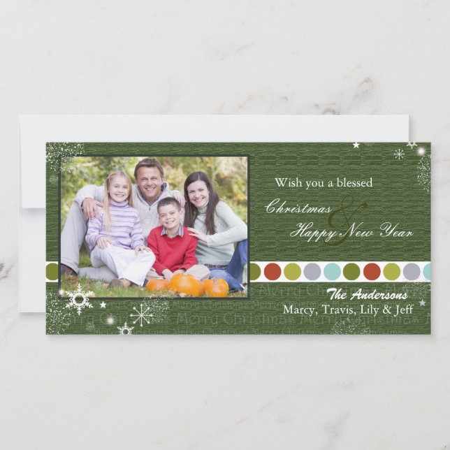 Modern Polka Dots & Snowflakes Christmas Photo Holiday Card (Front)