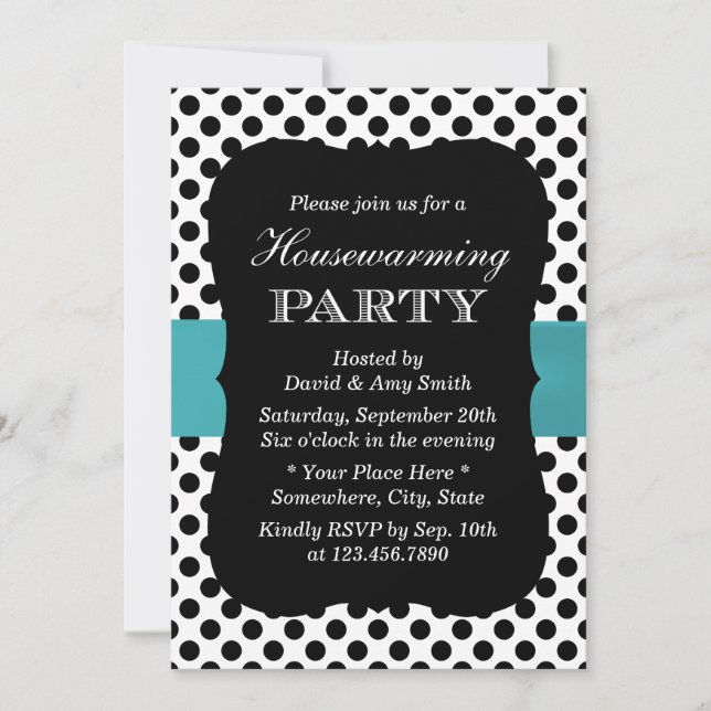 Modern Polka Dots Teal Ribbon Housewarming Party Invitation (Front)