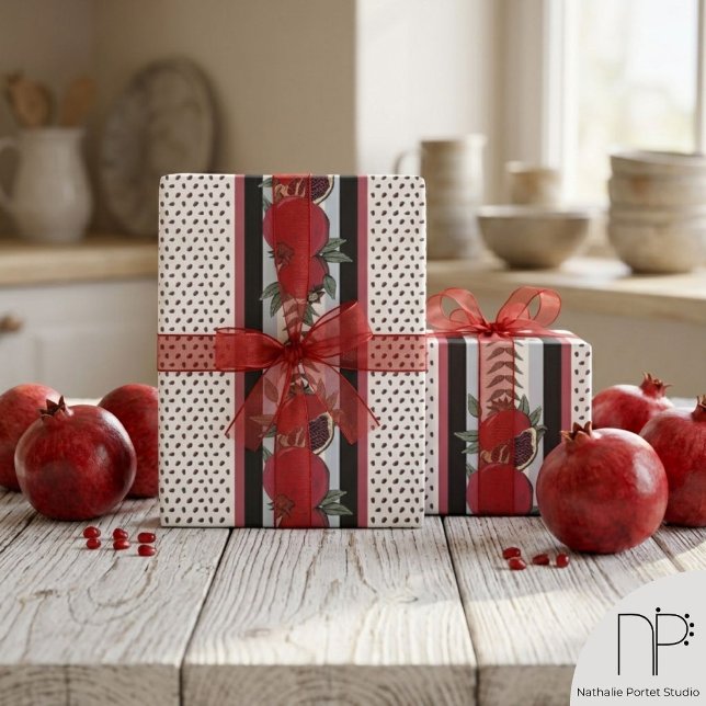 Modern Pomegranate Seed Stripe Wrapping Paper (Hand drawn pomegranate fruit and seed stripe pattern wrapping paper on neutral background)