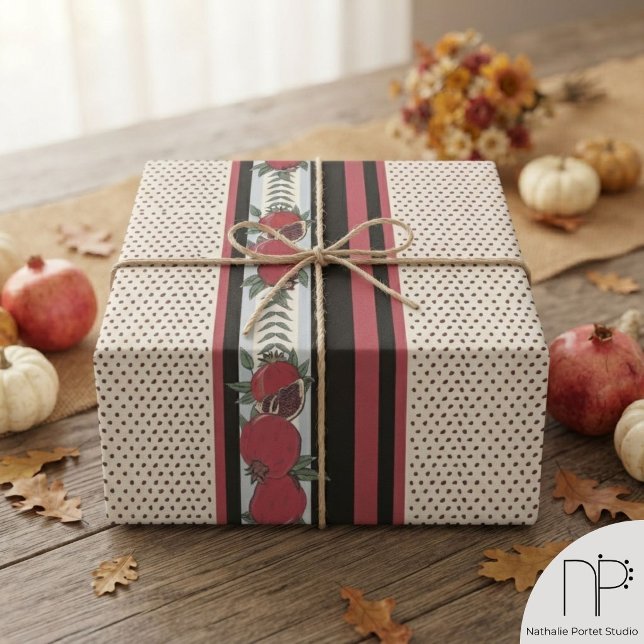 Modern Pomegranate Seed Stripe Wrapping Paper (Colorful red pomegranate fruit and seeds Fall gift wrap hand-drawn in black ink with thick stripes)