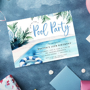 Modern Pool birthday party blue white summer Invitation