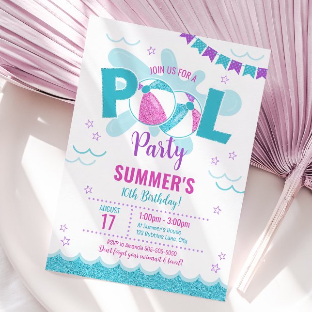 Modern Pool Party Invitation, Summer Girl Birthday Invitation (Modern Pool Party Invitation)