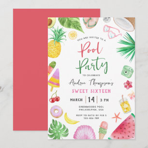 Modern Pool Party Summer Sweet Sixteen Birthday Invitation
