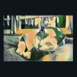 Modern Pop Art Calico Kitty For Cat Lovers Poster<br><div class="desc">This is a modern pop art style digital illustration of a calico cat relaxing on a cushion in front of some windows. It is done in a comic book style with muted color tones of yellow, green and gray.</div>