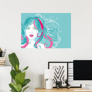 Modern Pop Art Woman Teal and Pink Swirl Hair  Poster