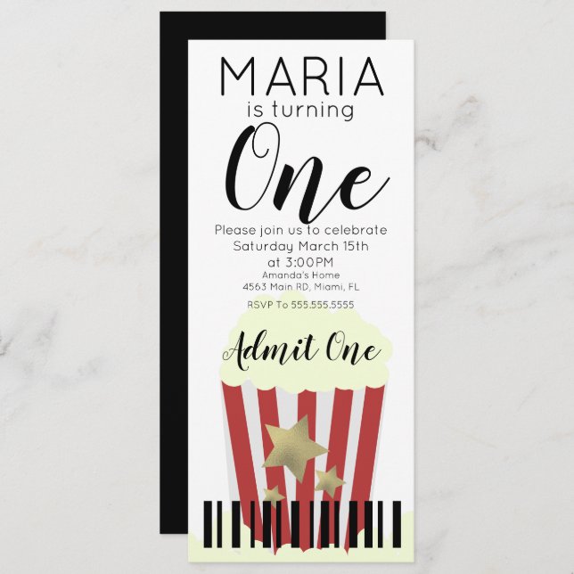 Modern Popcorn Movies  Ticket Style Party  Invitat Invitation (Front/Back)