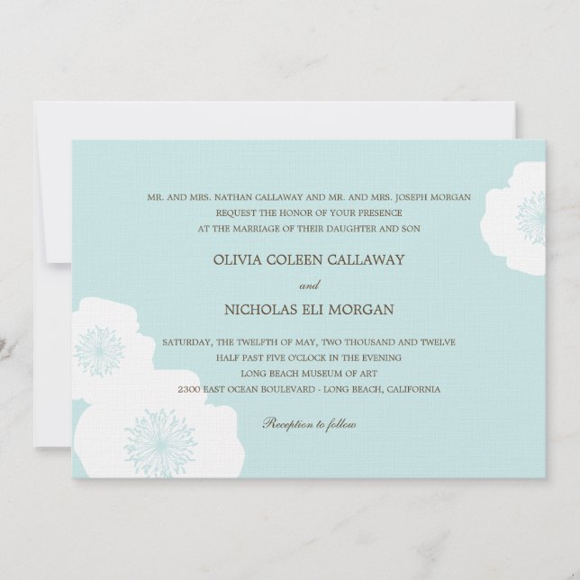 Modern Poppies Wedding Invitation - Aqua Blue (Front)