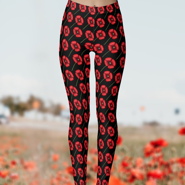 Modern Poppy Flower Pattern Red Black Leggings (Poppy pattern leggings to pop on when you feel like a pop of color in your life)