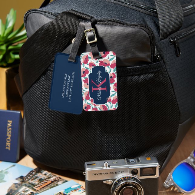 Modern Poppy Pattern With Pink Monogram Luggage Tag (Front & Back)