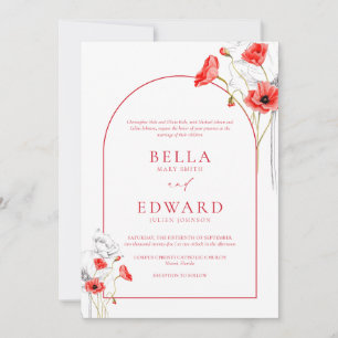 Modern Poppy Red Watercolor Flowers Formal Wedding Invitation