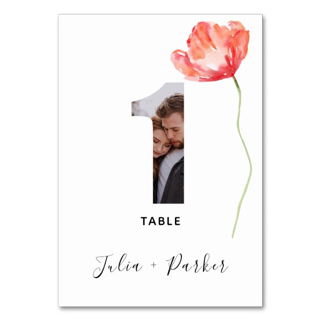 Modern Poppy Red Wedding Table Number (Front)