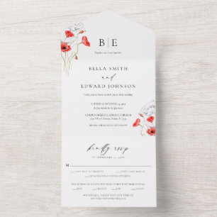 Modern Poppy Red Wildflowers Monogram Wedding All In One Invitation