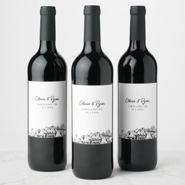 Modern Portland Sketch Wedding Custom Wine Label (Bottles)