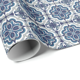 Modern Portuguese Tiles Azulejos Navy and White Wrapping Paper