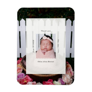Modern Postage Stamp Photo Birth Baby Thank You Magnet