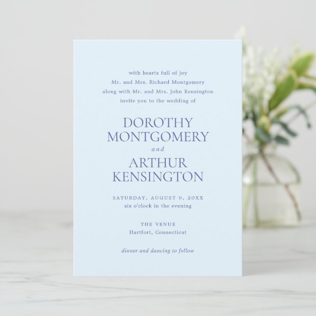 Modern Powder Blue Elegant Wedding Invitation (Standing Front)