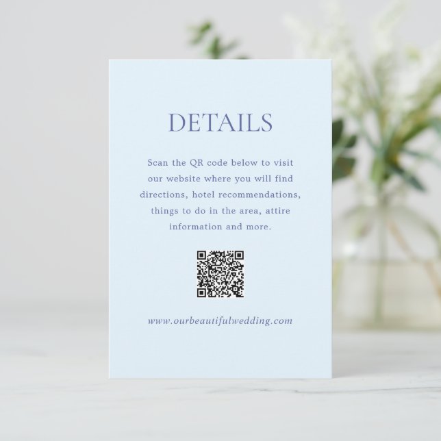 Modern Powder Blue QR Code Elegant Wedding Enclosure Card (Standing Front)