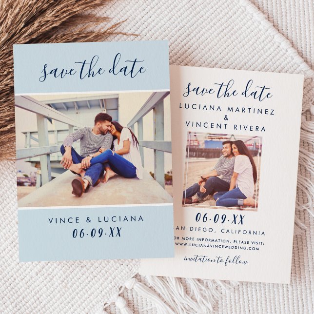Modern Powder Blue Script Photo Wedding Save The Date (Creator Uploaded)