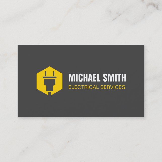  Modern Power Plug Hexagon Logo Electrician Business Card (Front)