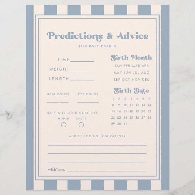 Modern Predictions/Advice Blue Stripe Baby Shower (Front)