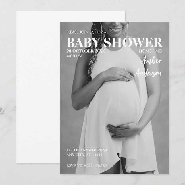 Modern pregnant photo magazine style baby shower invitation (Front/Back)